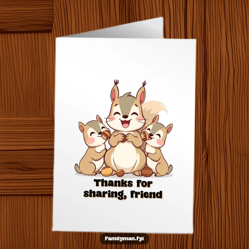 Funny Free Printable Thank You Card: A cheerful squirrel sharing a bounty of nuts with his delighted friends, a gesture of thanks.