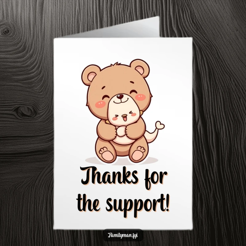 Happy Free Printable Thank You Card: Sweet bear cub carrying a baby animal, expressing gratitude with a gentle piggyback ride.