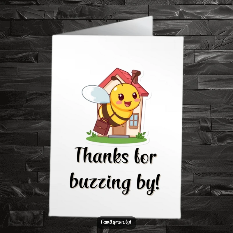 Funny Free Printable Thank You Card: Busy bee carrying a briefcase around a tiny house, a symbol of hard work, downloadable.