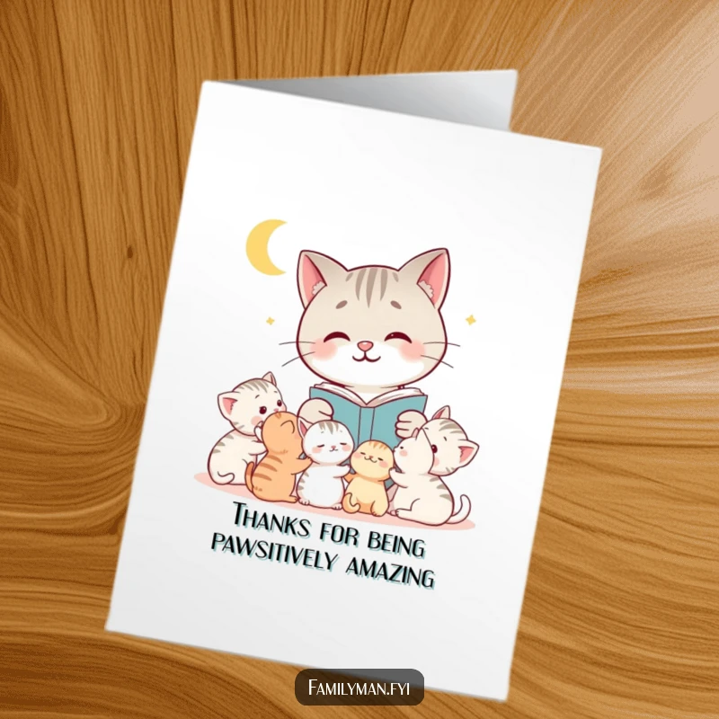 Funny Free Printable Thank You Card: Cat reading to kittens, expressing gratitude with a cozy and loving theme.
