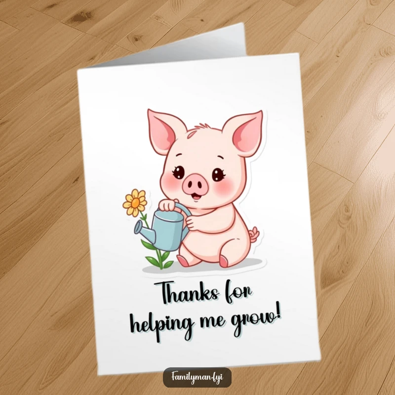 Funny Free Printable Thank You Card: Cheerful piglet giving water to a smiling flower, a charming downloadable.