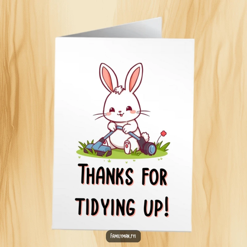 Funny Free Printable Thank You Card of a cheerful rabbit proudly mowing a small, immaculate lawn, saying thanks.