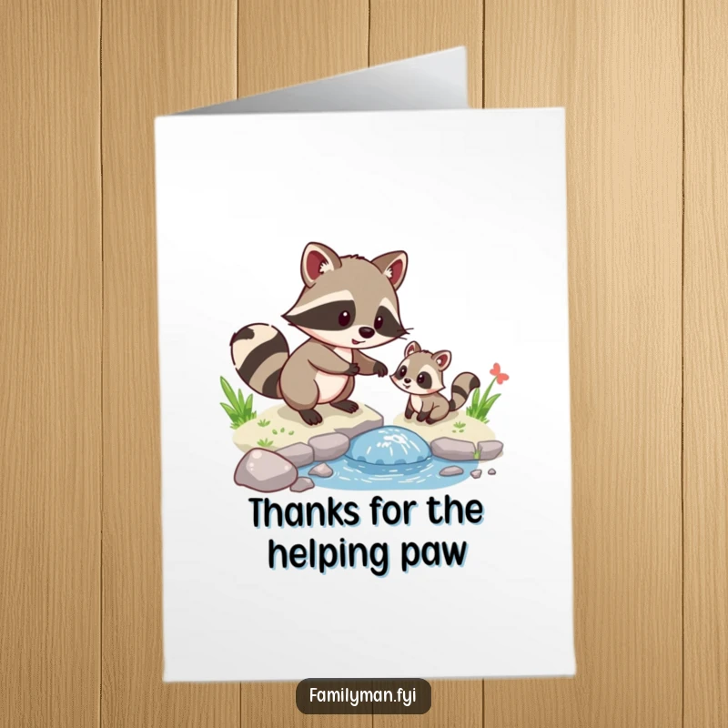 Funny Free Printable Thank You Card: A playful raccoon kindly helps a little animal cross a stream, showing heartfelt thanks.