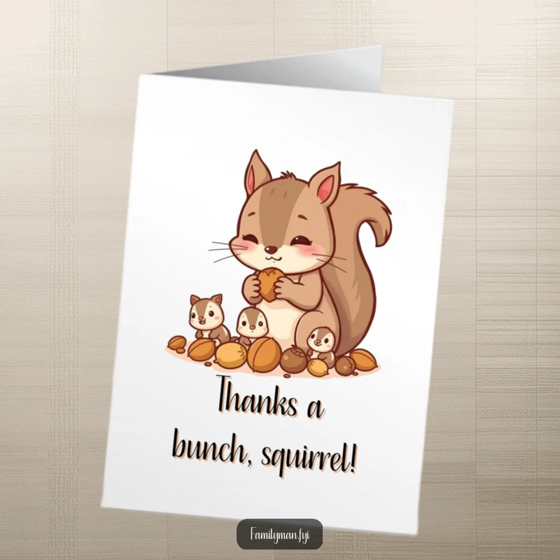 Funny Free Printable Thank You Card: Diligent squirrel gathers nuts with children, busy family, perfect downloadable gift.