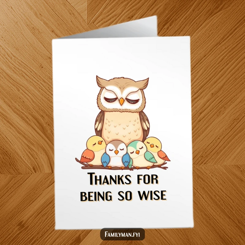 Funny Free Printable Thank You Card: A wise owl vigilantly guards sleeping birds, conveying a humorous thank you.