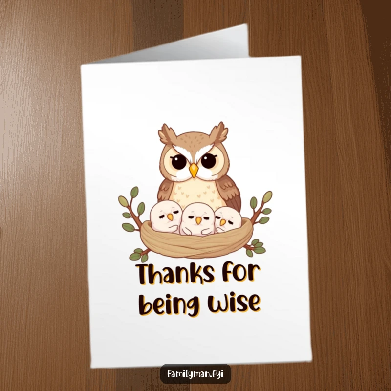 Funny Free Printable Thank You Card: Proud owl tenderly watching over sleeping owlets, a DIY sweet gift.