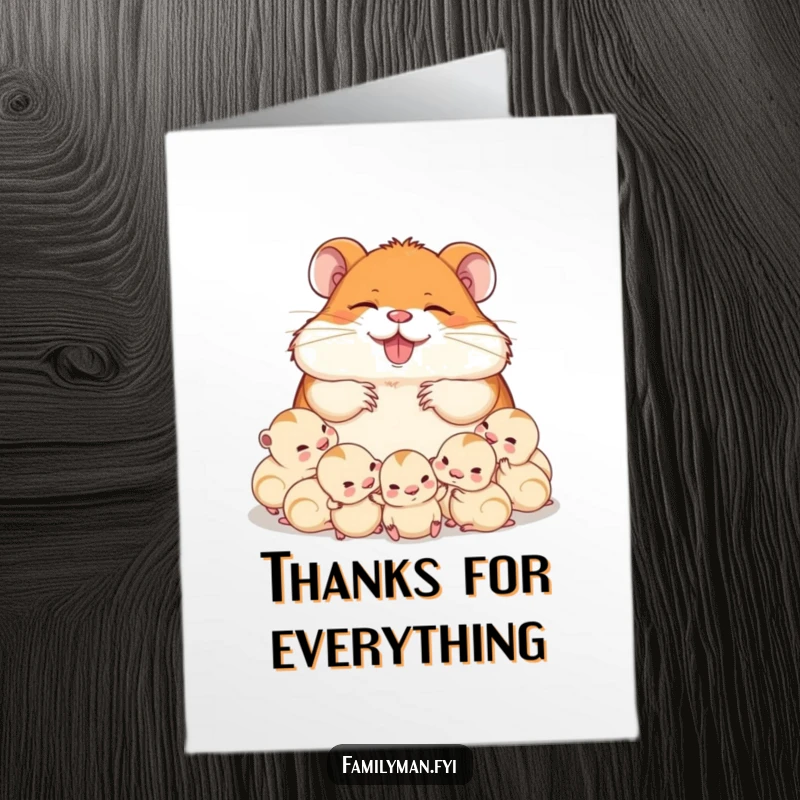 Funny Free Printable Hamster Dad Thank You Card: Delighted dad hamster naps surrounded by babies, offering warm thanks.