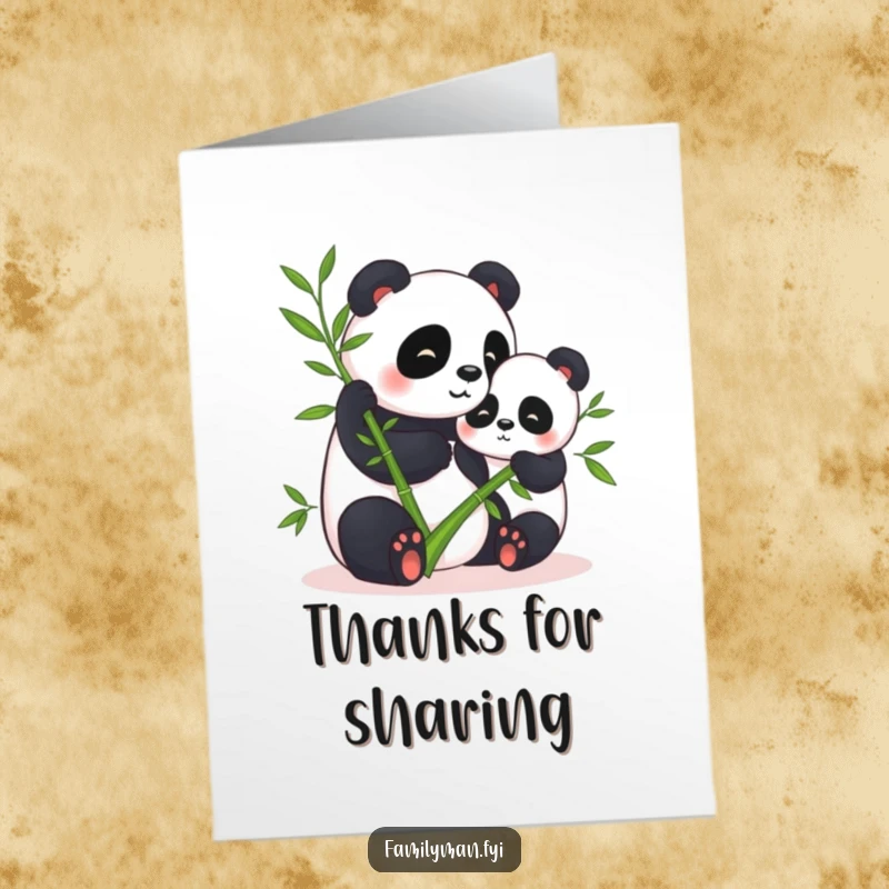 Funny Free Printable Thank You Card: Contented panda offering a bamboo stalk to another, a DIY sweet gift.
