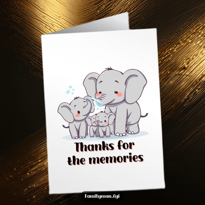 Funny Free Printable Elephant Dad Thank You Card: Dad elephant sprays water, expressing thanks with playful family fun.