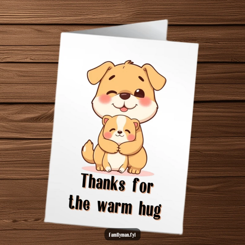 Funny Free Printable Thank You Card: Happy dog giving a gentle, loving hug to a smaller creature.