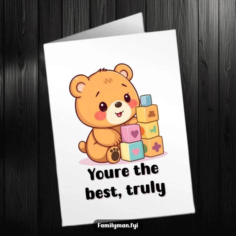 Funny free printable thank you card featuring a playful bear cub intently stacking blocks, a cute way to express gratitude.
