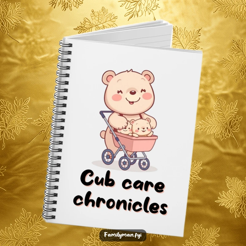 Funny notebook cover featuring a happy bear character pushing a stroller filled with tiny, smiling bear cubs.