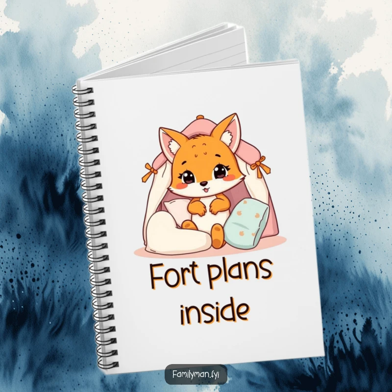 Funny fox cub notebook, a creative cub building a pillow fort, inspiring ideas and doodles with humor.
