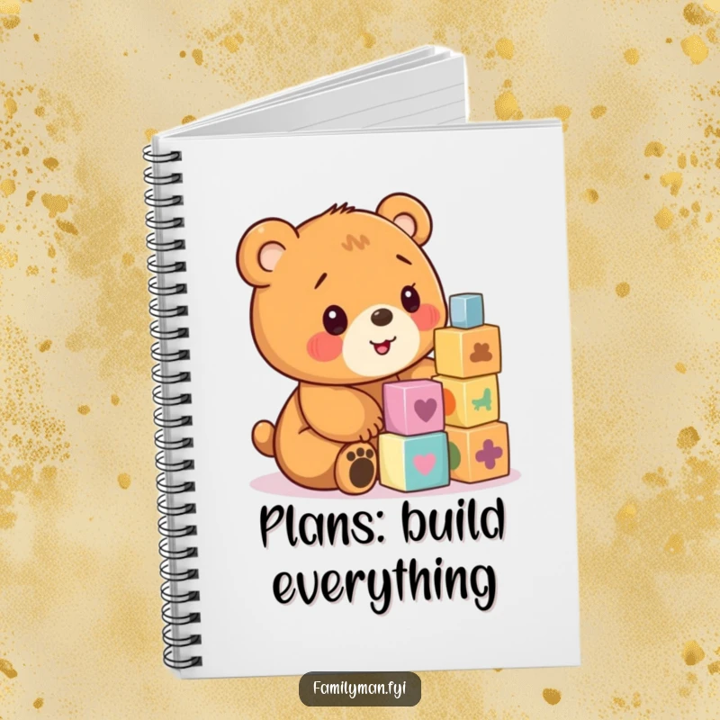 Funny notebook cover with a cute bear cub stacking colorful wooden blocks.