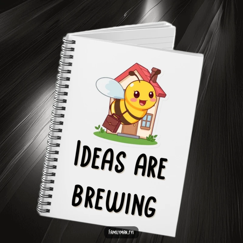 Funny notebook cover with a busy bee carrying a briefcase, buzzing around a tiny, bustling house.