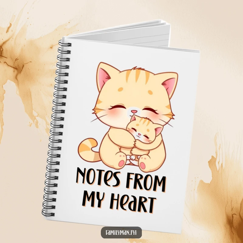 Funny Cat Notebook with a cat hugging a kitten, ideal for jotting down humorous thoughts and pet-related notes.
