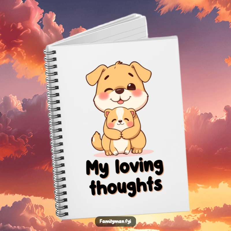 Funny notebook cover featuring a cheerful dog character giving a heartwarming hug to a smaller animal.
