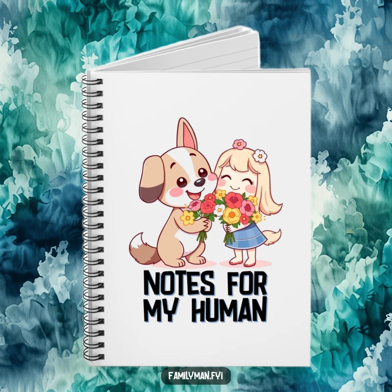 Funny happy dog character giving flowers with a smile, on a notebook cover for journaling.