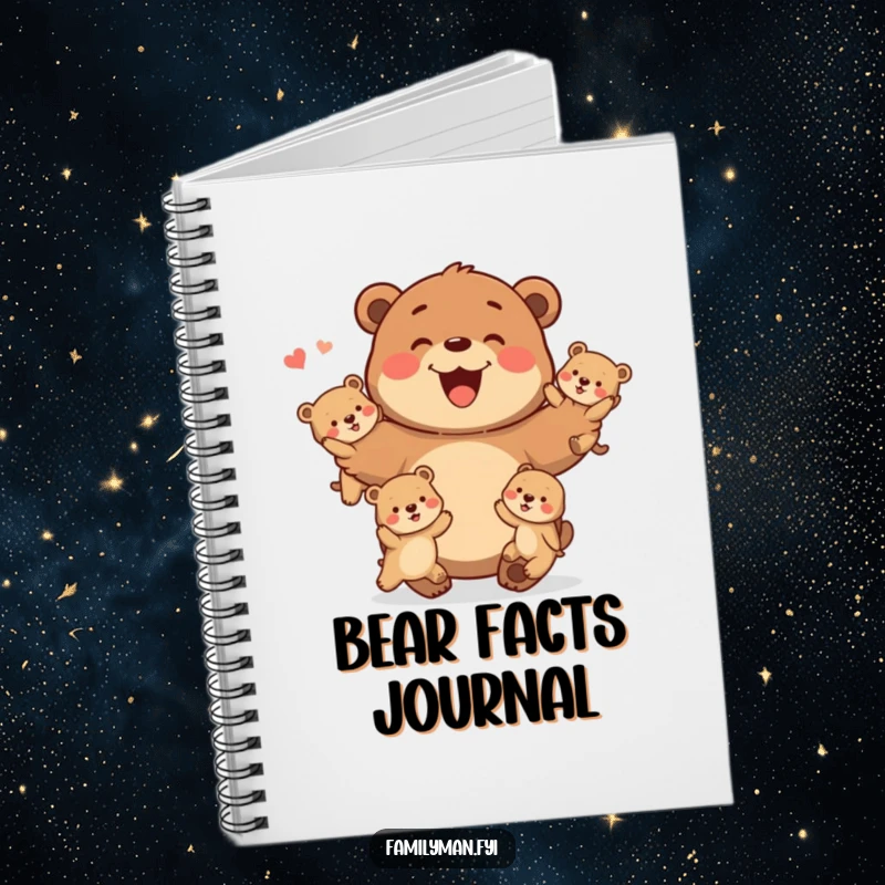 Funny Notebook with a happy father bear juggling baby bears, ready for notes on family life.