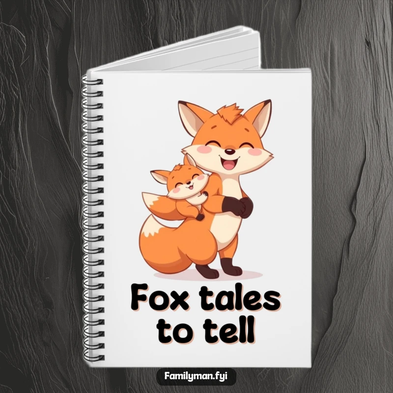 Funny Notebook with a cheerful father fox carrying a baby fox on its back, ready for notes on family.
