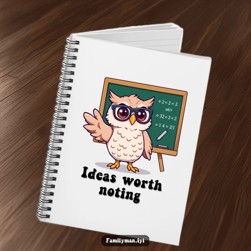 Funny Owl Professor Notebook, a wise owl with glasses pointing at equations, perfect for jotting down brilliant ideas.