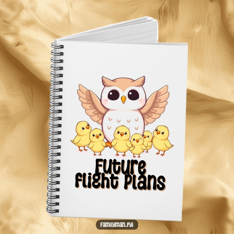 Funny owl character with a notebook planning flight lessons for chicks, a humorous and practical stationery item.