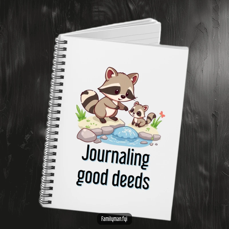 Funny Raccoon Helper Notebook, showing a playful raccoon helping a small animal cross a stream, perfect for jotting kind notes.