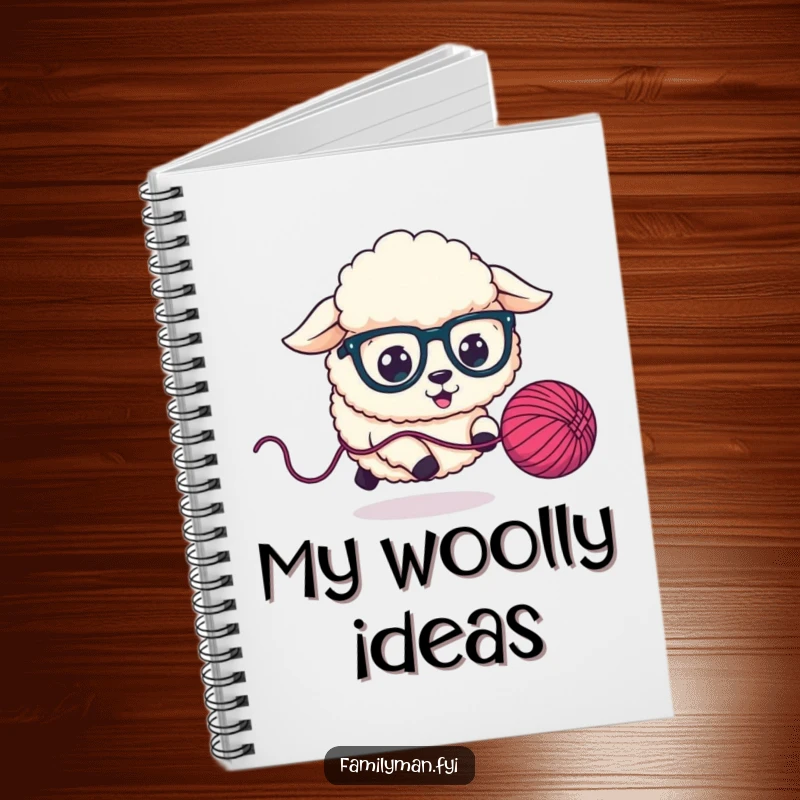 Funny Notebook with a fluffy sheep dog in oversized glasses chasing a bouncing yarn ball, perfect for jotting notes.