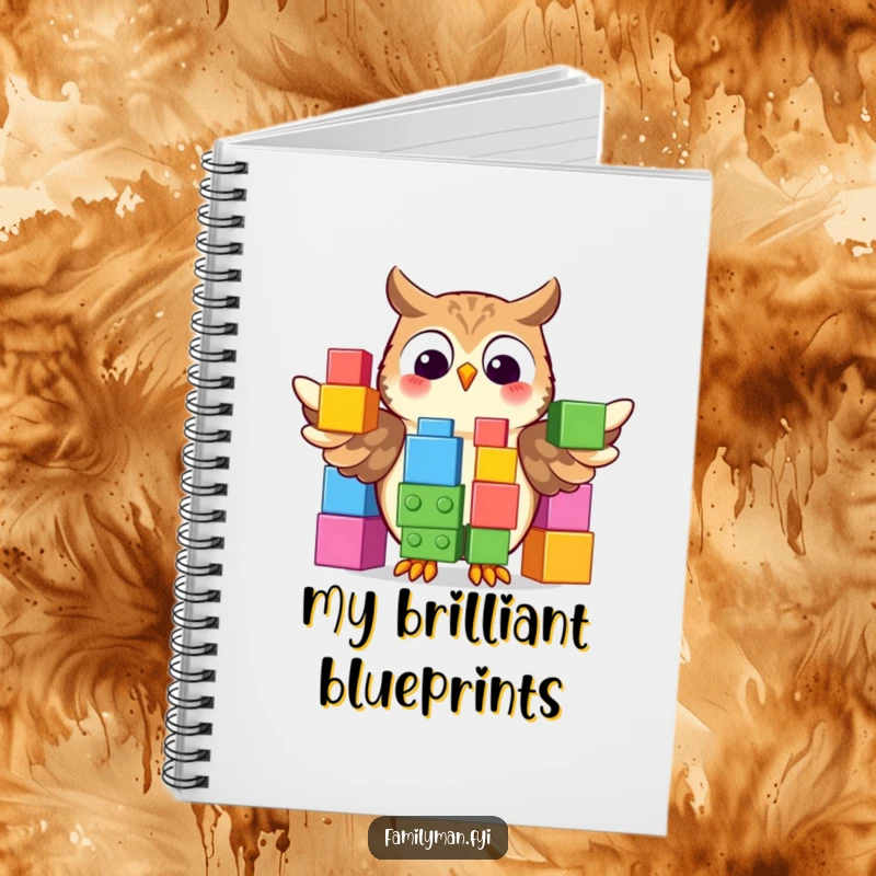 Funny Notebook with a proud owl displaying a colorful stack of oversized building blocks, perfect for jotting down smart ideas.