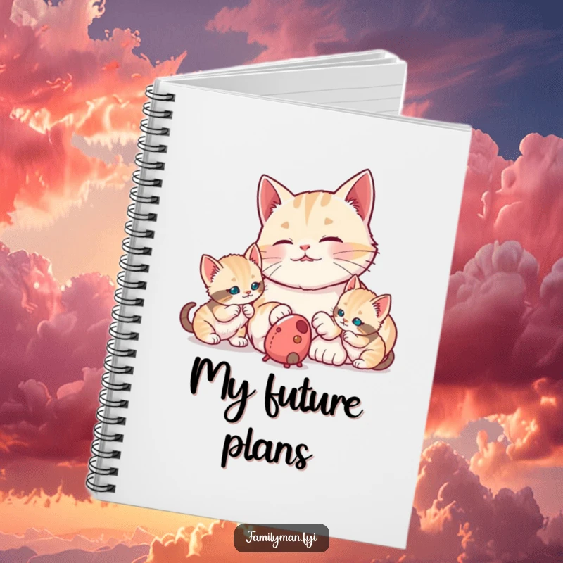 Funny proud dad cat watching kittens bat at a toy mouse, on the cover of a notebook. A humorous and cute design for capturing thoughts.