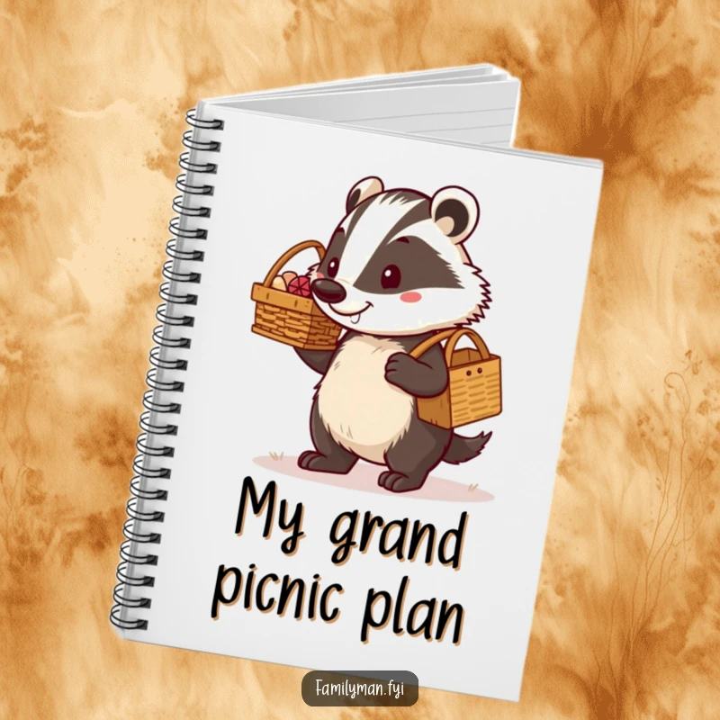 Funny determined dad badger carrying a picnic basket with a proud grin, on the cover of a notebook. Encourages planning and organization with a humorous touch.