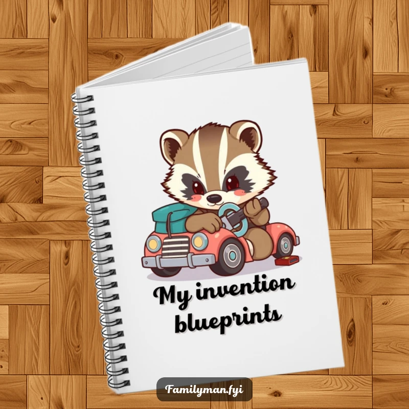 Funny badger notebook, a determined badger fixing a toy car with a small wrench. For project planning.