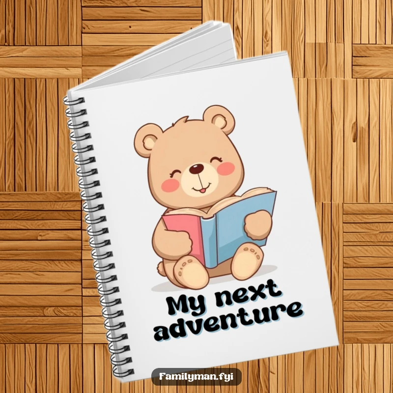 Funny bear notebook with a warm smile contentedly reading a large storybook, for jotting down story ideas.