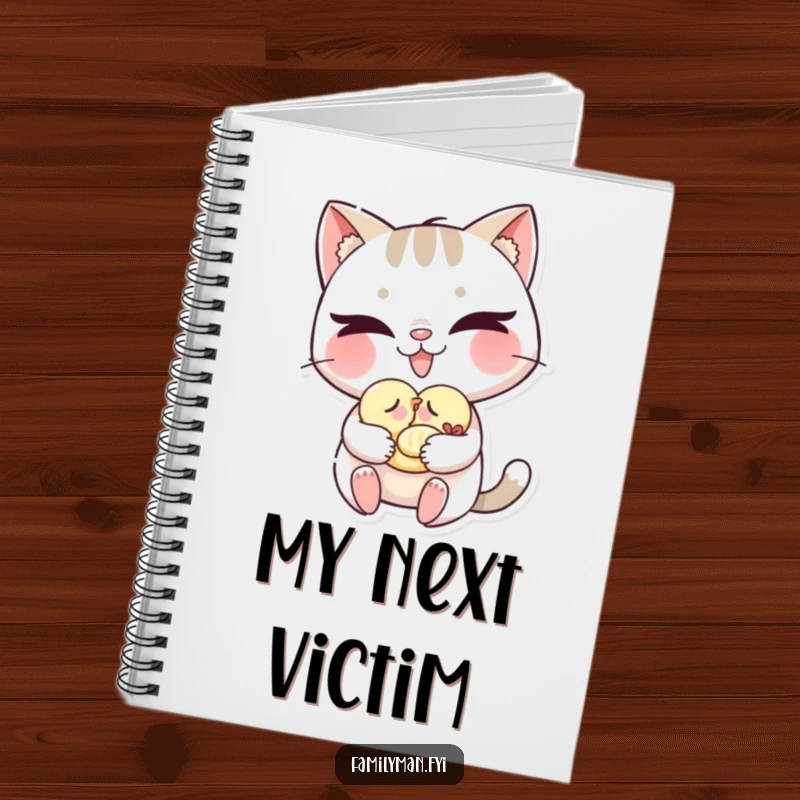 Funny cat notebook with a mischievous grin gently carrying a sleeping baby bird, for jotting down playful thoughts.