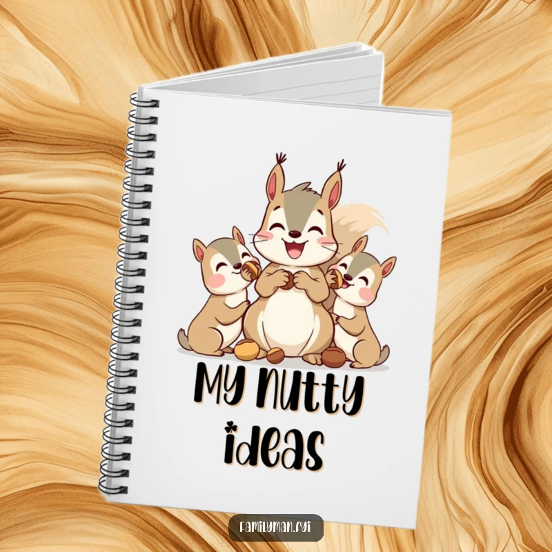 Funny squirrel notebook, a squirrel sharing nuts with friends, inspiring ideas and notes with whimsical humor.