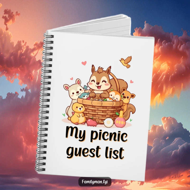 Funny squirrel notebook, a cheerful squirrel sharing a picnic basket with animal friends. For organizing events.
