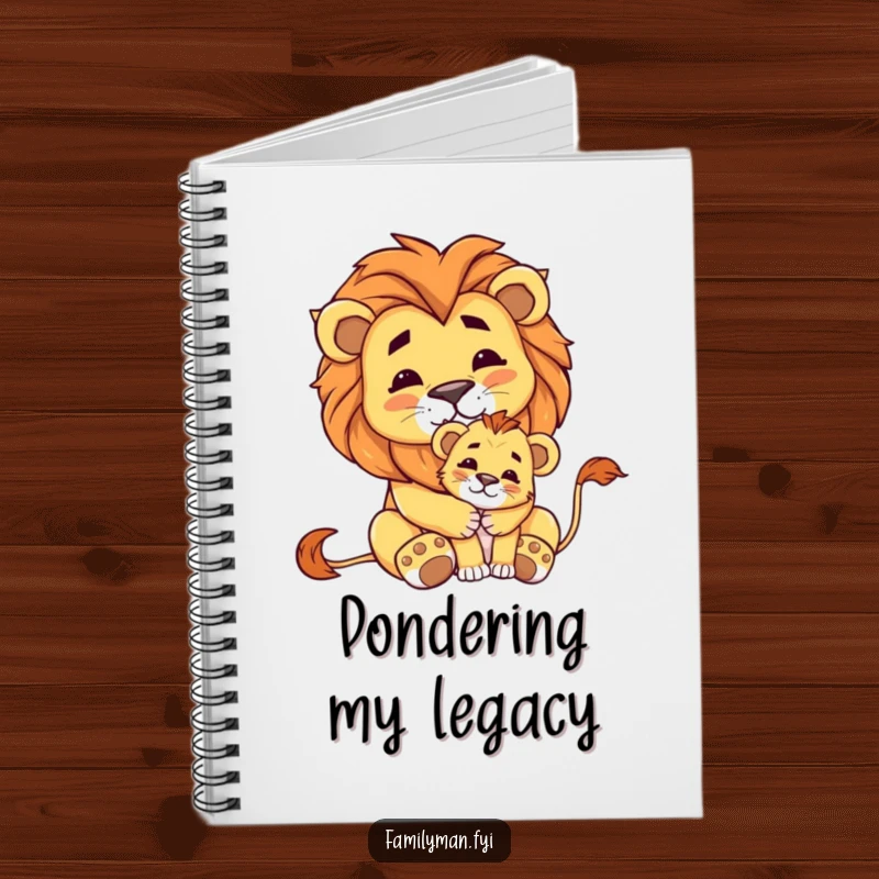 Funny notebook featuring a proud lion embracing a small cub, encouraging strong thoughts and powerful ideas.