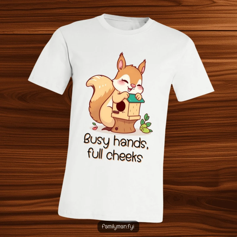 Funny playful squirrel t-shirt graphic, depicting a squirrel busily constructing a charming birdhouse, full of energy and helpfulness.
