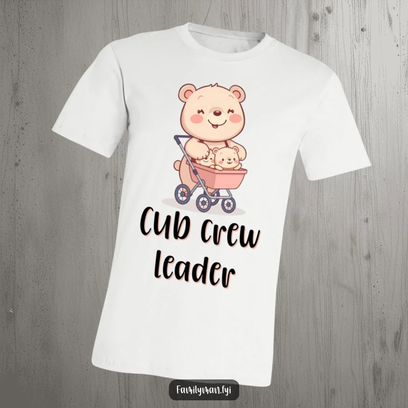 Funny t-shirt featuring a happy bear pushing a stroller packed with three tiny, smiling bear cubs.