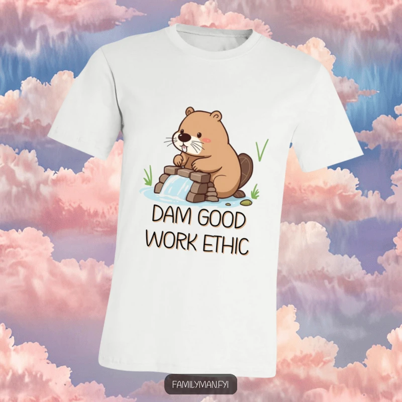 Funny Beaver T-Shirt showing a hardworking beaver constructing a dam, celebrating determination and humorous effort.