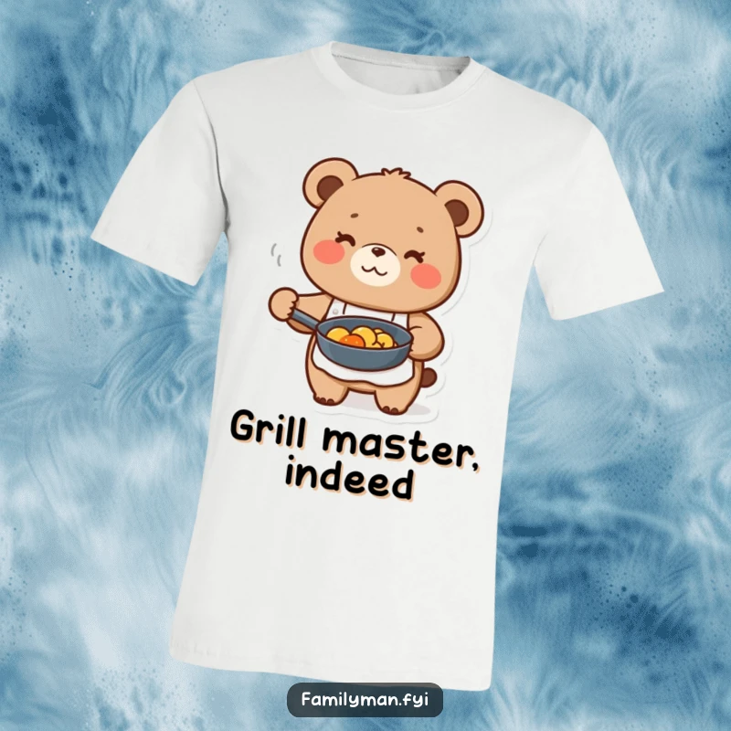 Funny cute bear character in apron, holding a frying pan with food, printed on a comfortable t-shirt.