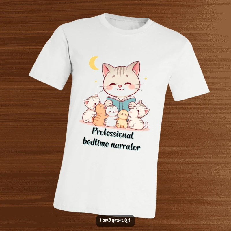 Funny cat t-shirt featuring a smiling mother cat captivating her kittens with an enchanting bedtime story, creating a heartwarming scene.