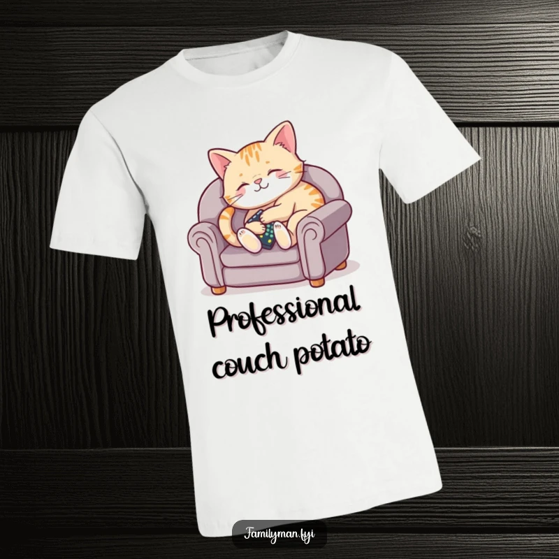 Funny t-shirt print of a plump cat sitting comfortably on a tiny couch, holding a small remote control.