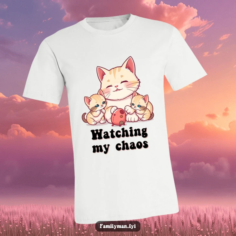 Funny proud dad cat watching kittens bat at a toy mouse, printed on a soft t-shirt. Humorous depiction of patient fatherhood and playful offspring.