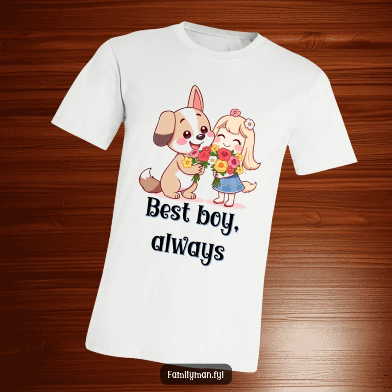 Funny happy dog character giving flowers with a smile, on a t-shirt, symbolizing love and friendship.