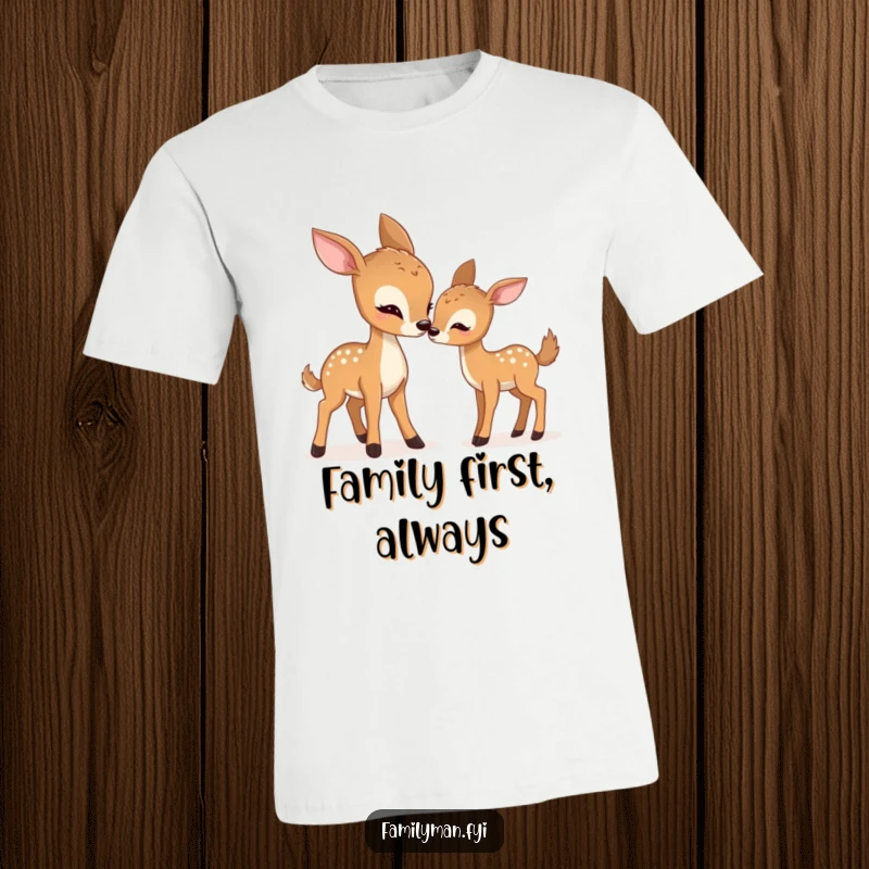 Funny deer t-shirt showing a mother deer gently nudging her fawn, creating a humorous and endearing animal interaction.