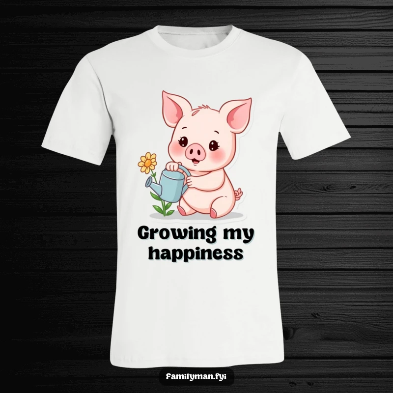 Funny t-shirt depicting a cheerful piglet carefully watering a small, smiling flower with a tiny watering can.