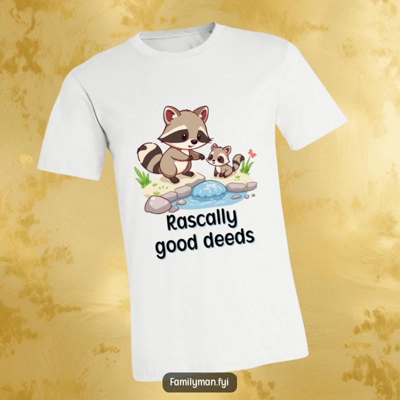 Funny Raccoon Helping T-Shirt, a cute raccoon assisting a smaller creature cross a small stream with playful humor.
