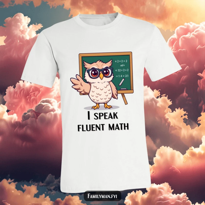 Funny Owl Scholar T-Shirt, wearing glasses, gesturing to chalkboards with equations demonstrating intelligence and humor.