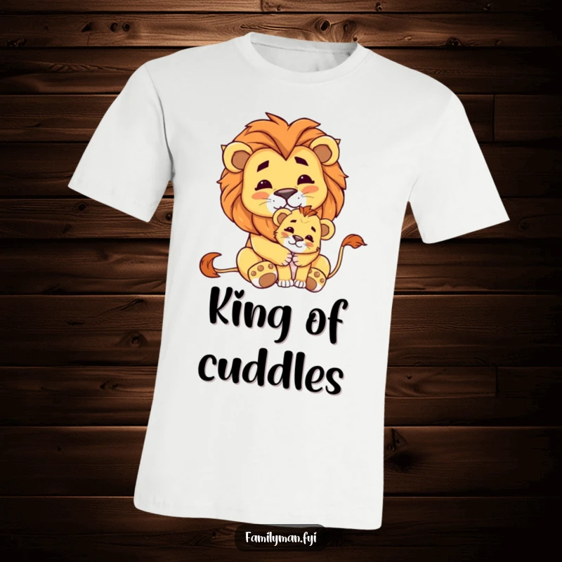Funny t-shirt with a proud lion embracing a small cub, symbolizing fierce love and protective family bonds.